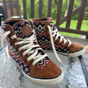 Tory Burch High Top Sneakers Aztec Print Suede Trim Lace Up Shoes 7M‎